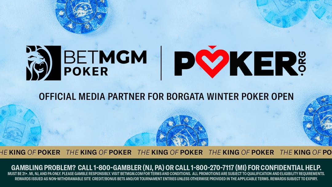 Poker chips on a table with logos and text for a sponsored poker event.