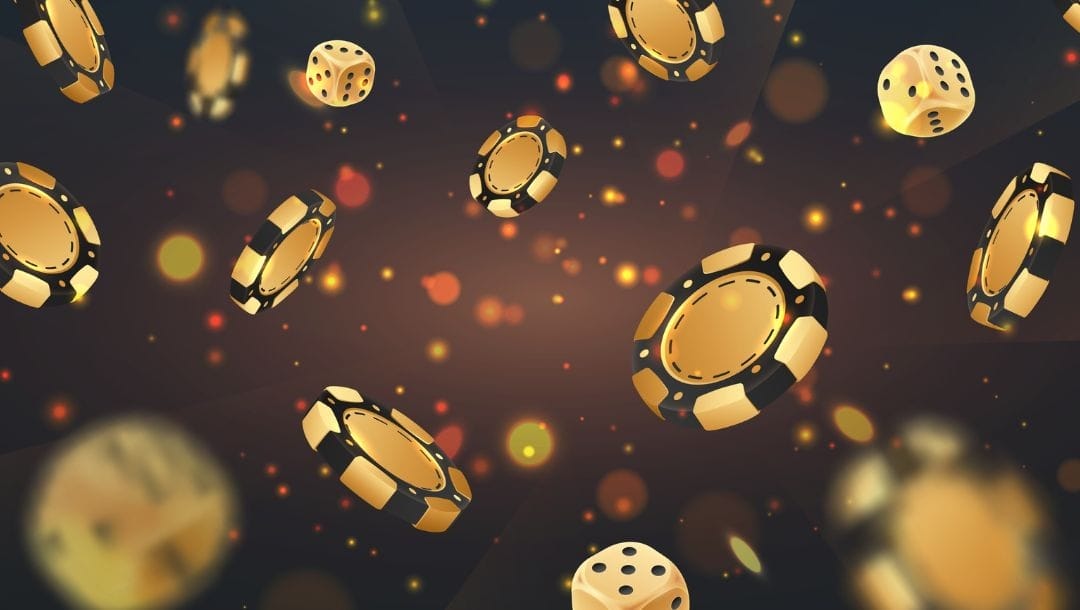 Golden poker chips and dice floating on a dark background with golden, glittery specks.