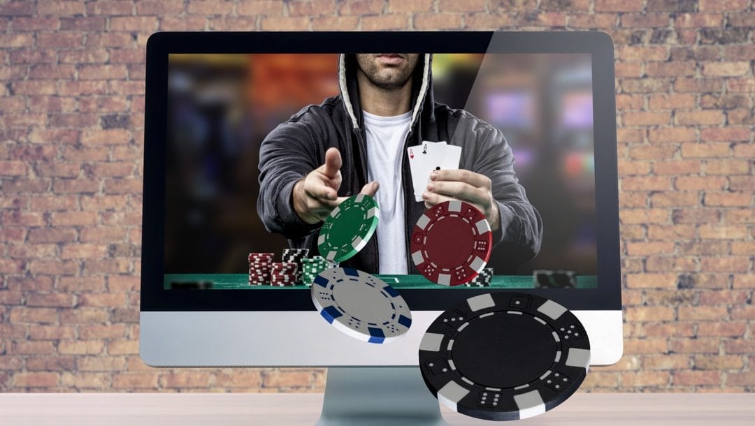 Online poker game, with the poker player coming out of the computer screen.