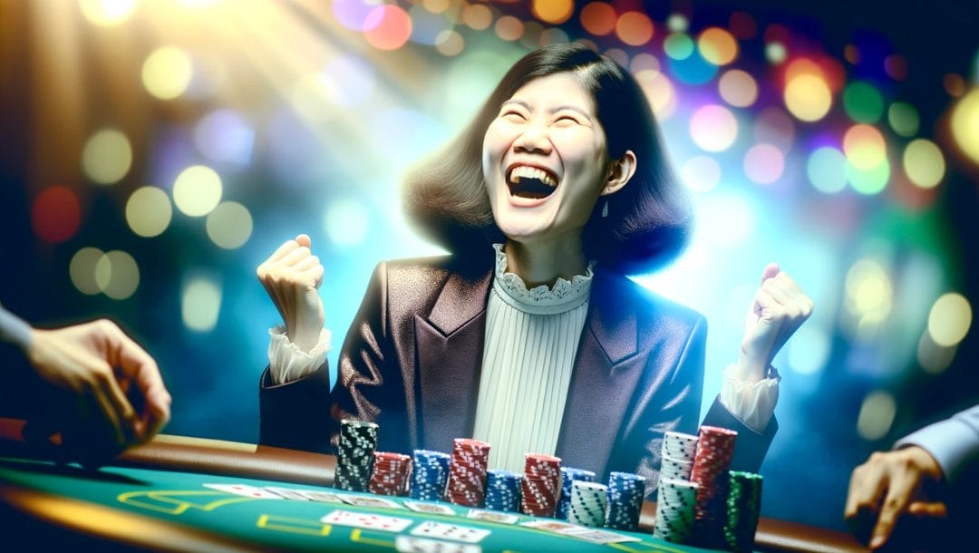 Woman celebrates at a poker table