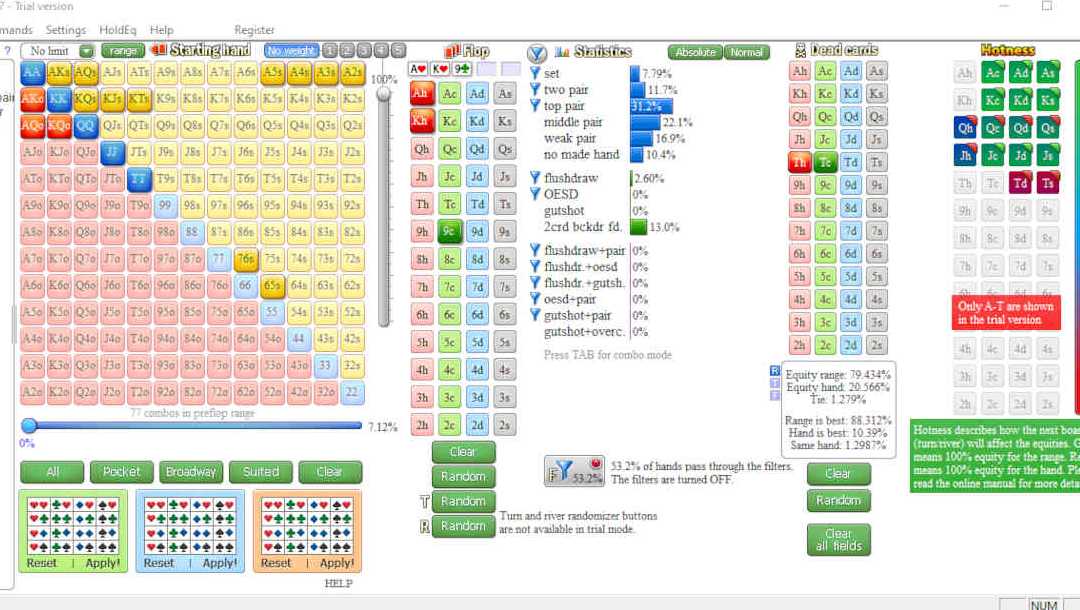 A poker learning tool screen from Flopzilla that depicts the equity of range versus different hand combinations with a variety of charts and other information.