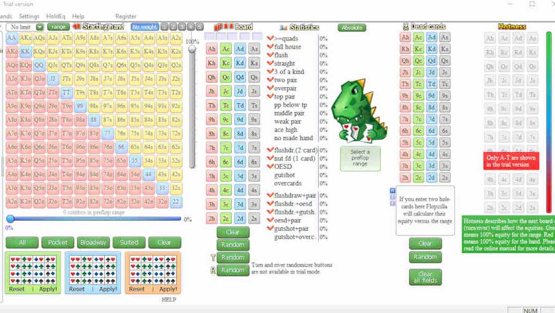 A screen from poker learning tool Flopzilla that shows different poker hand combinations and a big chart.