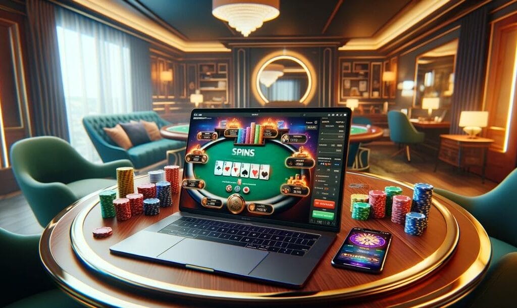 Laptop displaying an online poker game, set on a table with poker chips and a smartphone