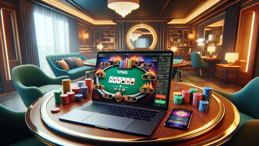 Laptop displaying an online poker game, set on a table with poker chips and a smartphone