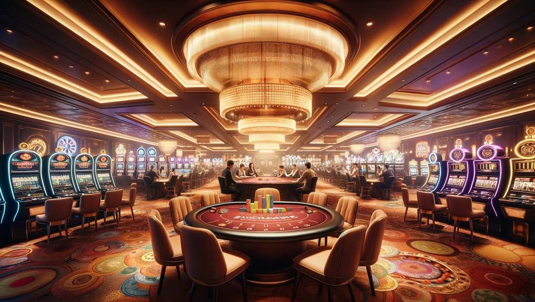 Casino floor with a poker table in the foreground and an array of slot machines and roulette tables in the background