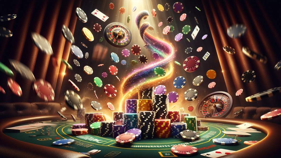 Array of colorful poker chips in mid-air against a dark background, with a roulette wheel and cards surrounding