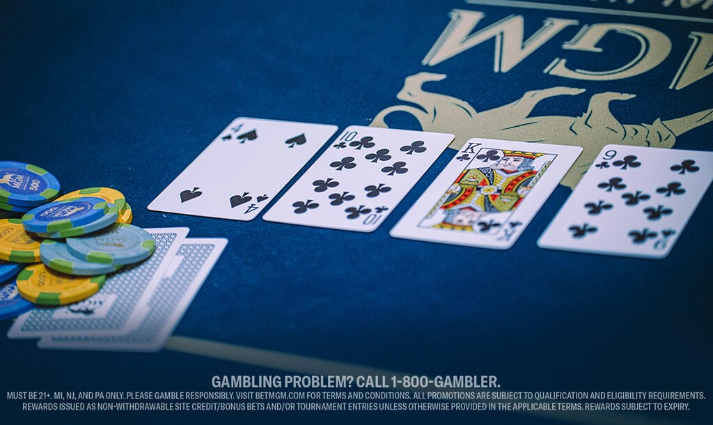 A poker game setup on a blue table with visible cards: 9 of spades, 10, Jack, Queen of clubs, alongside a stack of colorful chips.