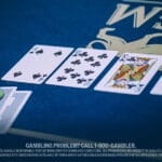 A poker game setup on a blue table with visible cards: 9 of spades, 10, Jack, Queen of clubs, alongside a stack of colorful chips.