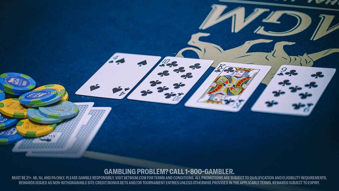 A poker game setup on a blue table with visible cards: 9 of spades, 10, Jack, Queen of clubs, alongside a stack of colorful chips.