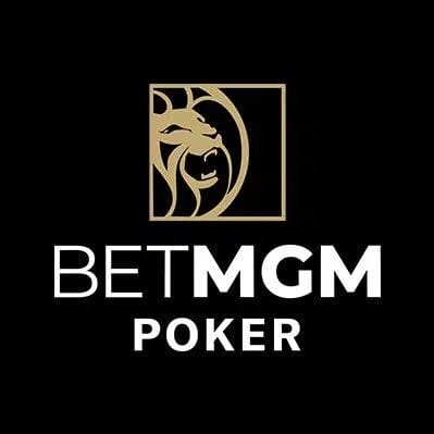 A stylized golden lion inside a square beside the words "BETMGM POKER" on a black background, representing a brand logo.