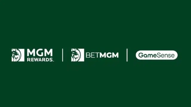 Logos for MGM Rewards, BETMGM, and GameSense, aligned against a green background.
