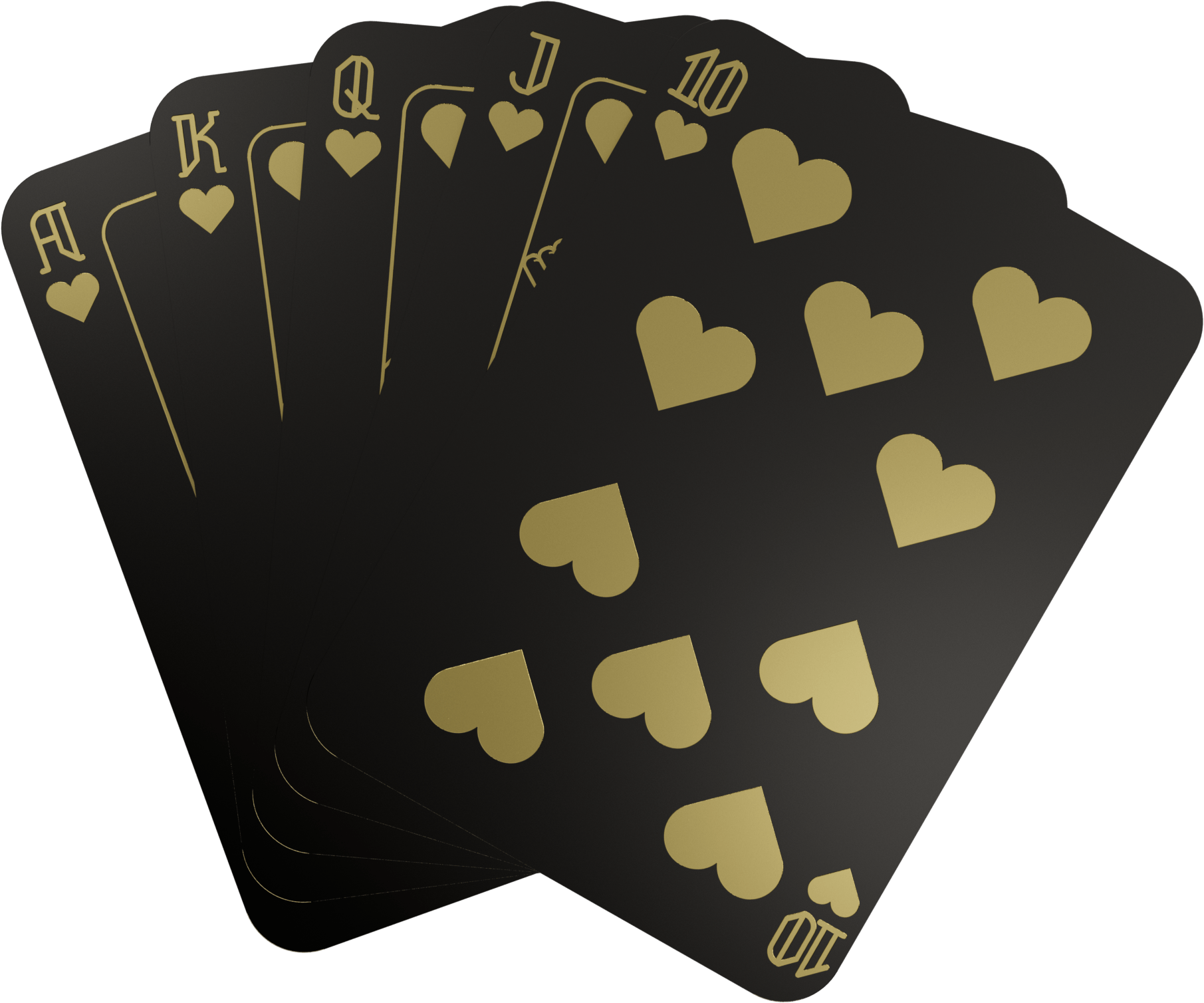 A fan of five playing cards displayed with hearts suit, ranked from Ace to Ten.