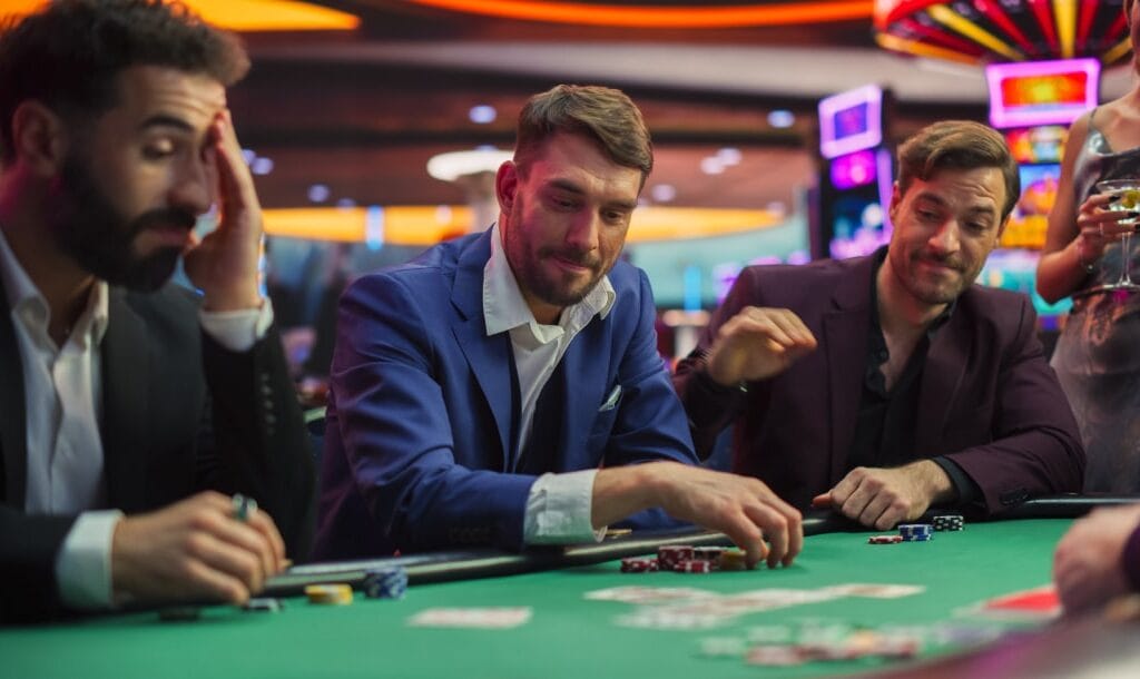 Men playing poker at a green felt poker table with casino decor in the background.
