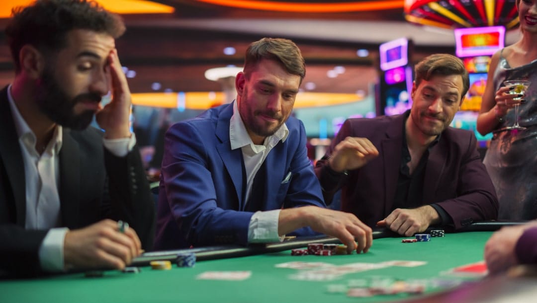 Men playing poker at a green felt poker table with casino decor in the background.