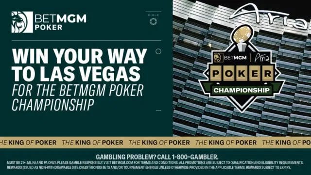 A promotional banner for "BETMGM POKER" advertises a chance to win a trip to Las Vegas for the BETMGM Poker Championship.