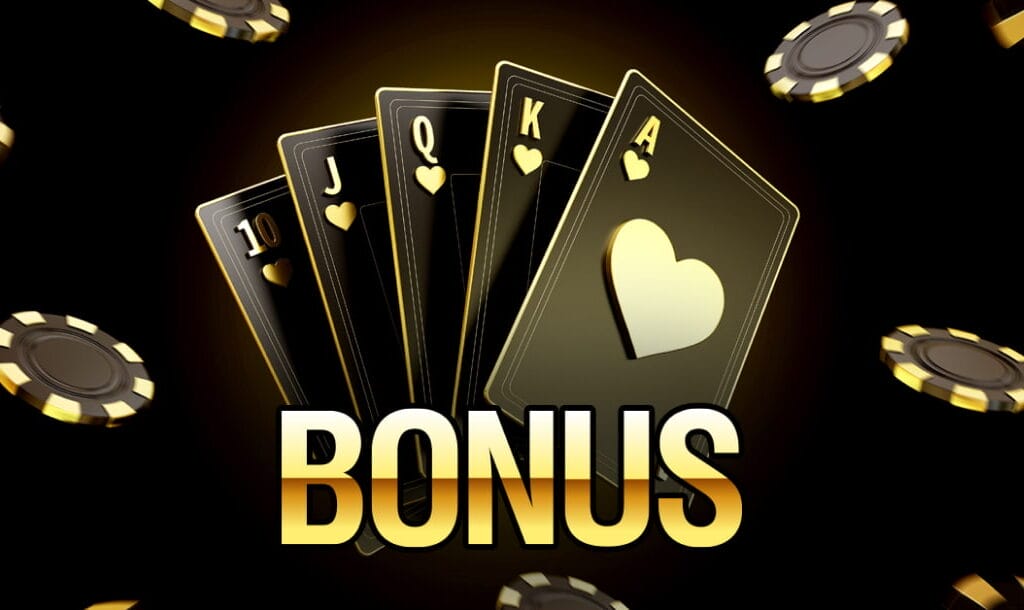 Black playing cards, and black poker chips, with “BONUS” in gold letters.