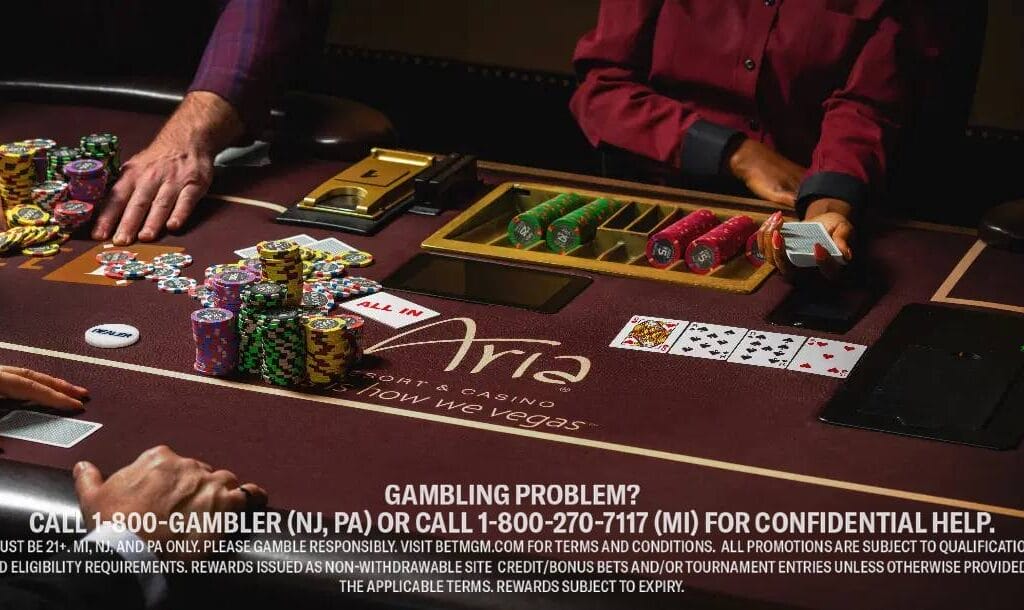 People engage in a casino card game with chips on the table, a dealer handling cards.