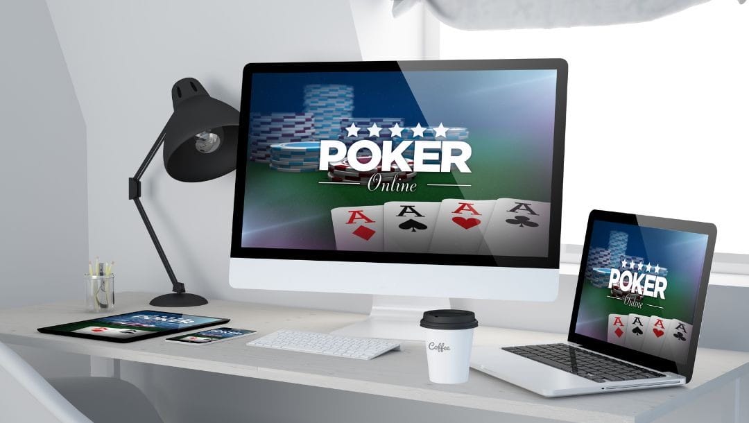 A desktop computer, cellphone, tablet, and laptop on a white desk, all on an online poker website.