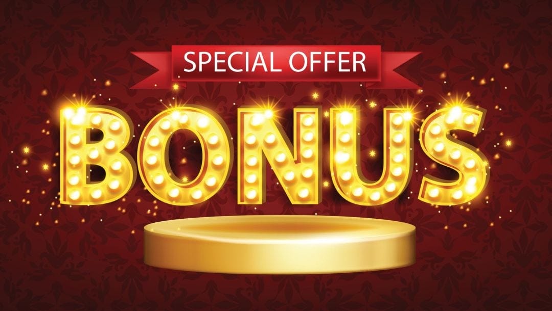 The word “bonus” spelled out in lit-up letters with a ribbon reading “special offer” above it on a patterned red background.