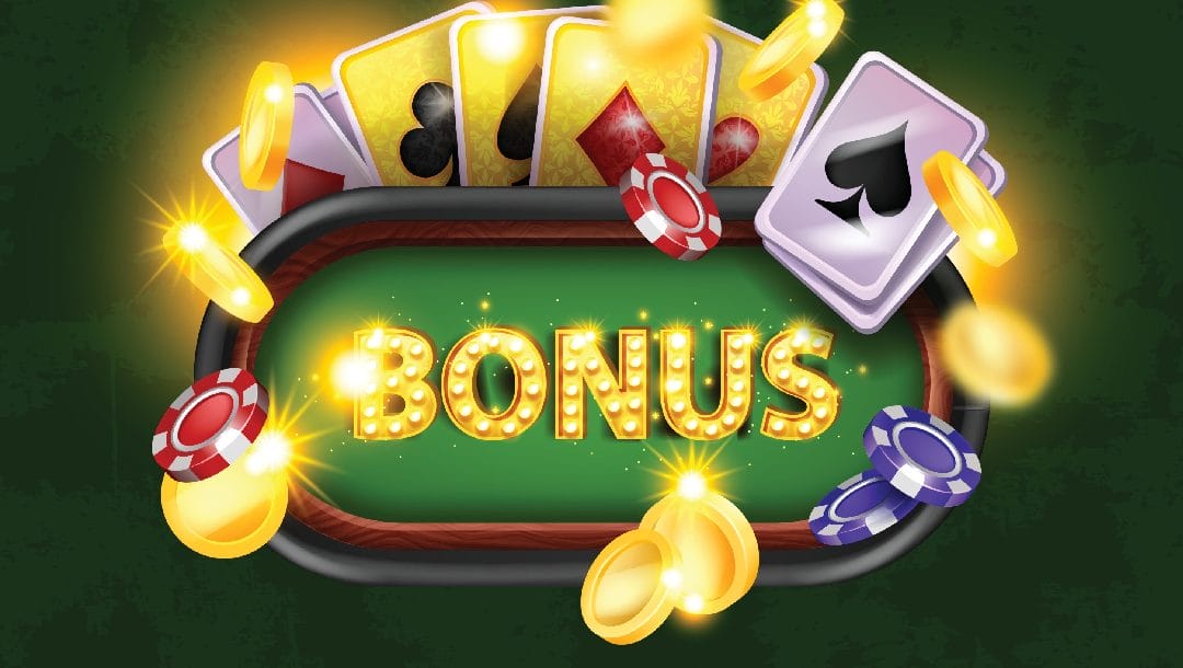 A vector image of the word “Bonus” spelled out on a poker table that is surrounded by playing cards, poker chips, and gold coins.