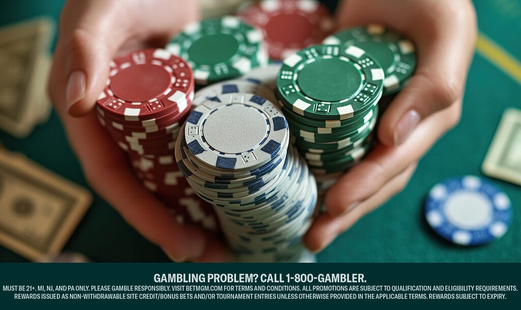 Hands holding stacks of poker chips above a casino table with cash visible.