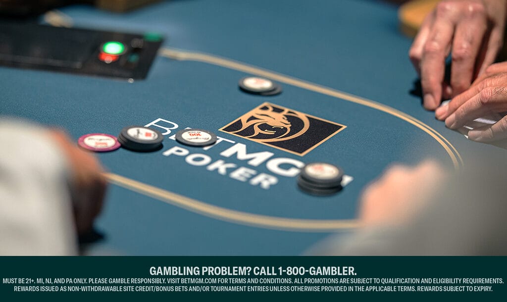 A poker table set with various chips and cards, indicating readiness for a game of poker.