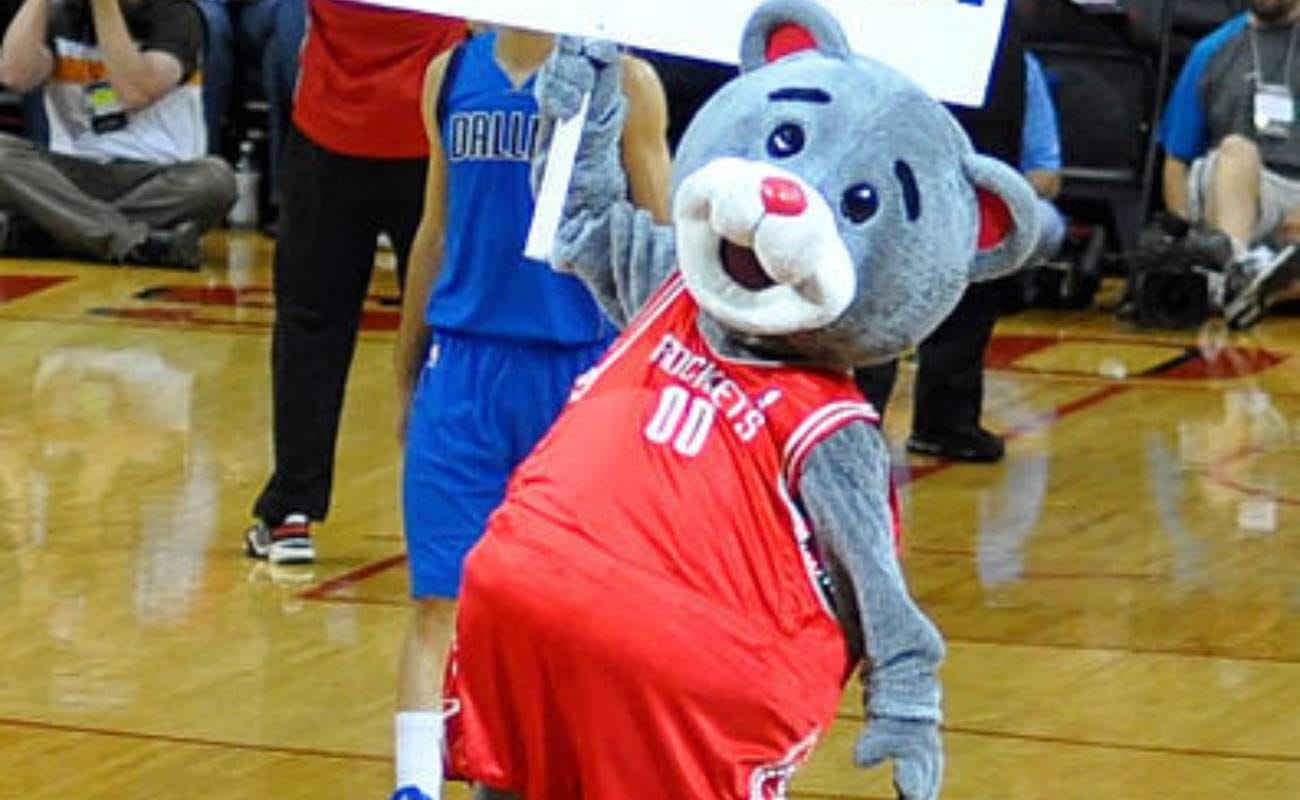 Houston Rockets mascot Clutch the Bear entertains the crowd prior to an NBA basketball game