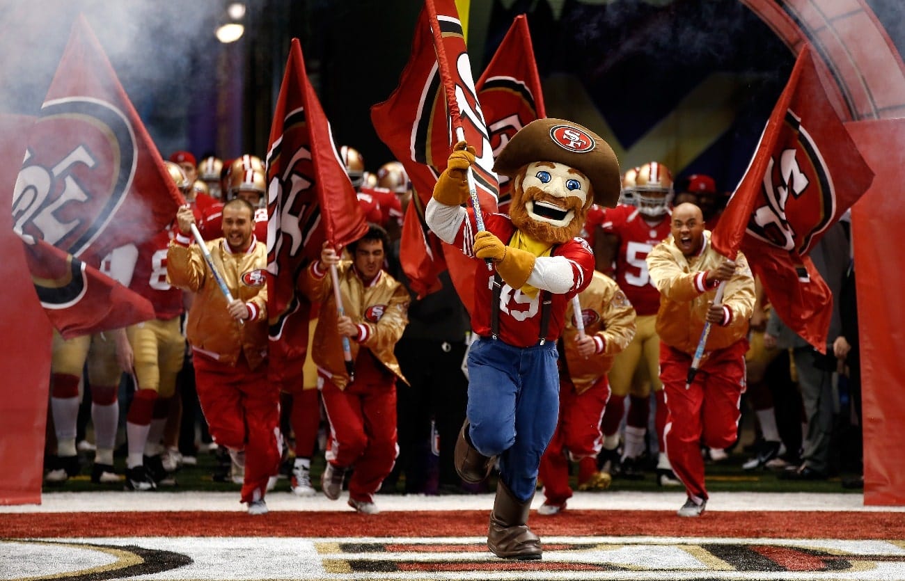 Sourdough Sam, mascot for the San Francisco 49ers, leads the 49ers onto the field against the Baltimore Ravens during Super Bowl XLVII at the Mercedes-Benz Superdome on February 3, 2013 in New Orleans, Louisiana.