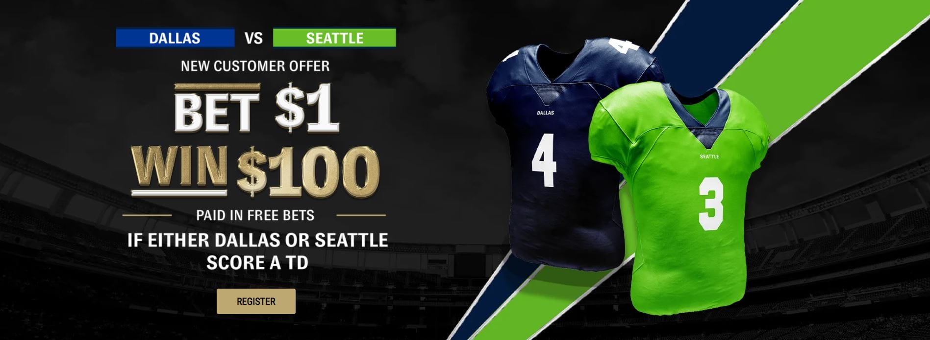 Bet $1 win $100 new customers offer banner for the Dallas vs Seattle NFL game