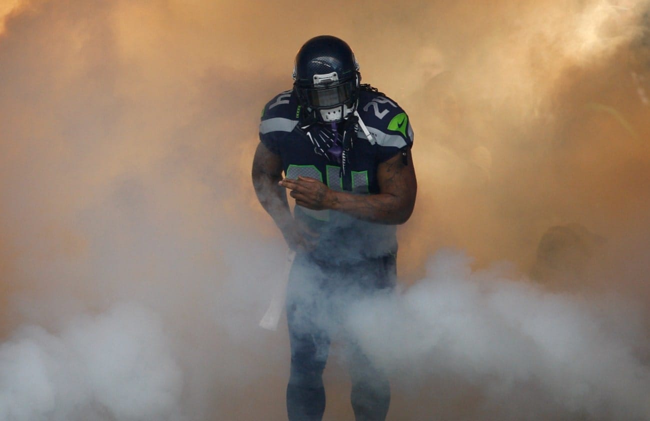 Marshawn Lynch #24 of the Seattle Seahawks is introduced against the St. Louis Rams at CenturyLink Field on December 30, 2012 in Seattle, Washington.