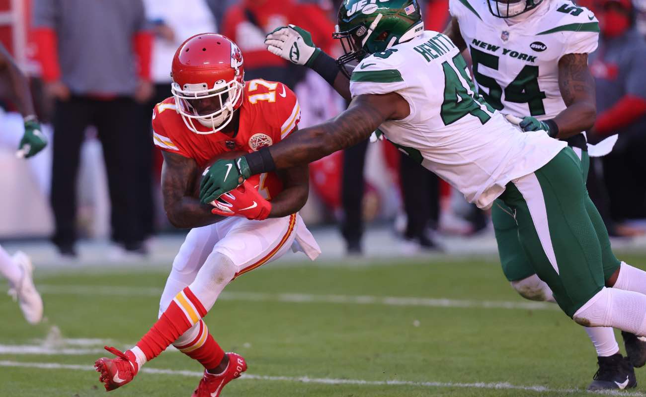 Mecole Hardman of Kansas City Chiefs against the New York Jets at Arrowhead Stadium, November 2020. Photo by Jamie Squire/Getty Images.